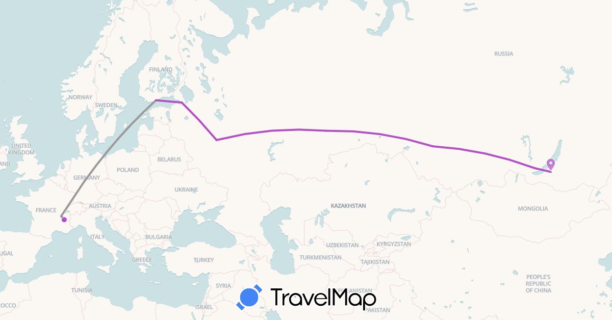 TravelMap itinerary: driving, plane, train in Finland, France, Russia (Europe)